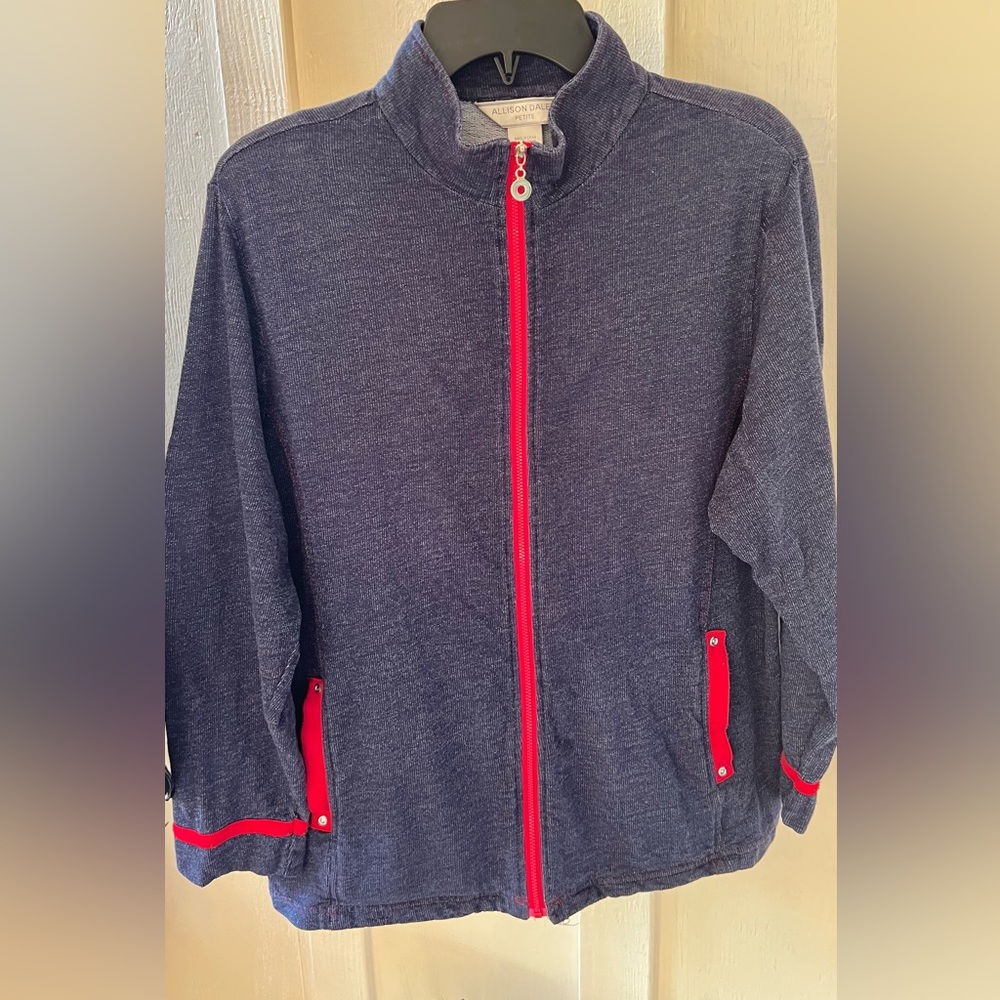Vintage Allison Daley Blue Denim Cotton Knit Lightweight Red Zipper Jacket PXL